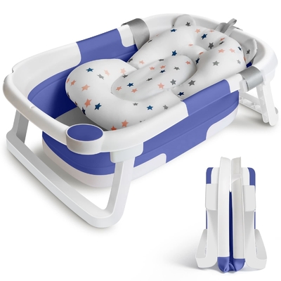 Zweifachklappbare Babybadewanne aus Kunststoff Klappbad mit Kissen